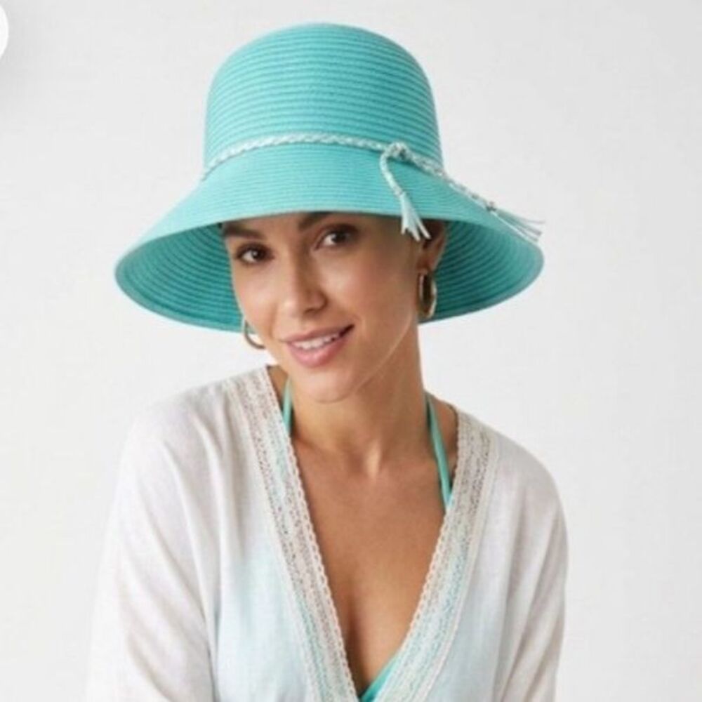 Scala Women's NWOT Aqua Blue Woven Shapeable Packable Ribbon Bucket Sun Hat